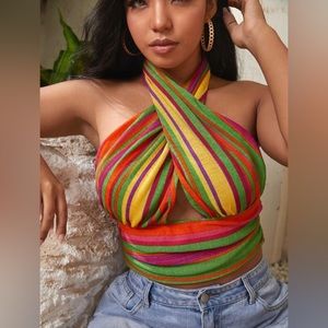 Striped Colorblock Cross Wrap Halter Top